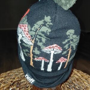Neff Black Beanie with Forest Mushroom Pattern